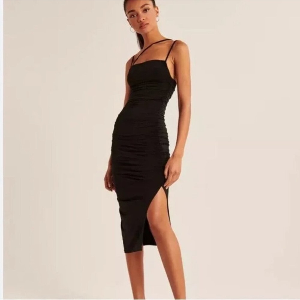 Abercrombie & Fitch Black Asymmetrical Strappy Ruched Midi Dress Black Size XL